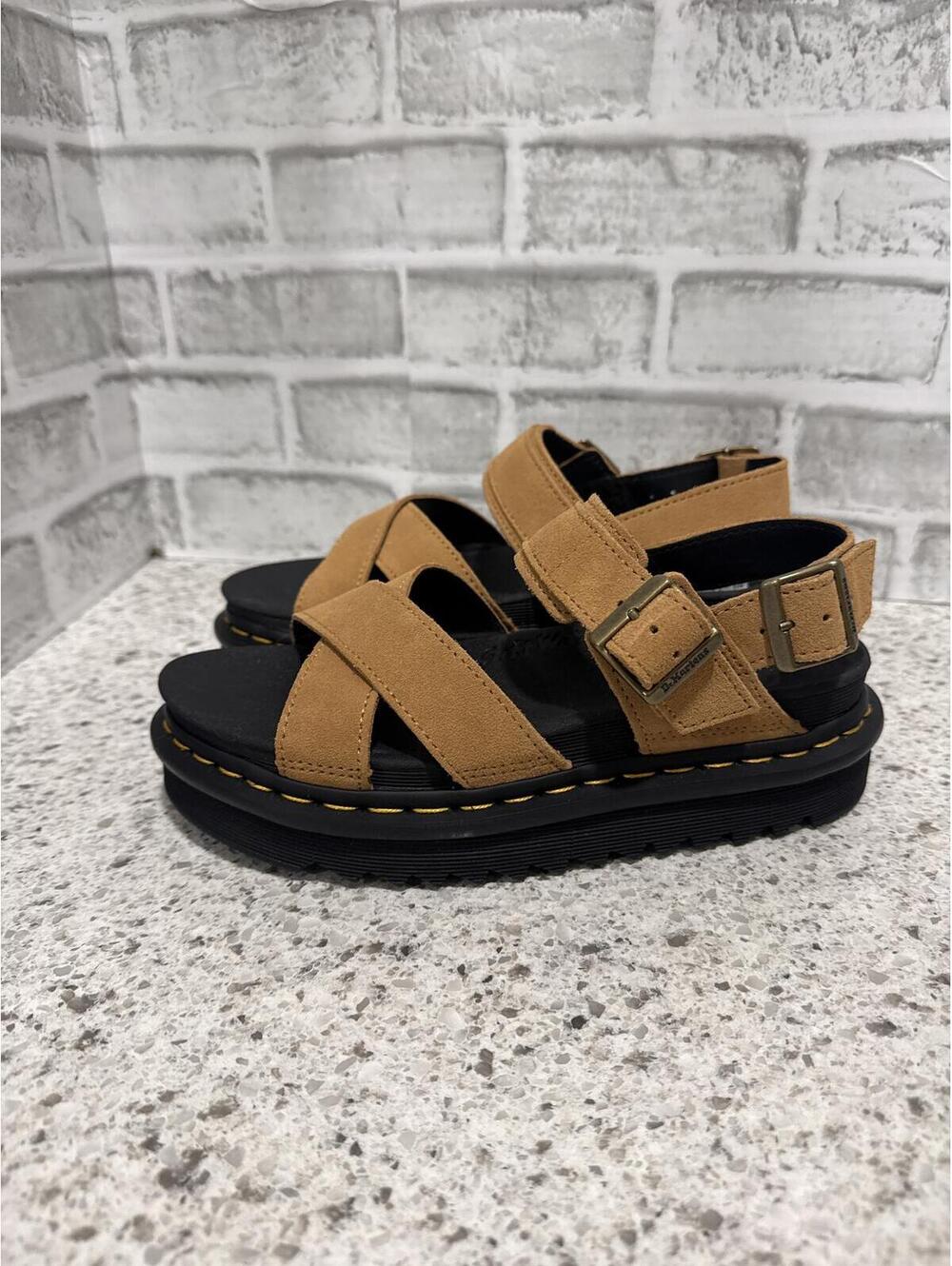 Dr. Martens Air Wair Casual Tan Strappy Platform Sandals with Buckle Closure